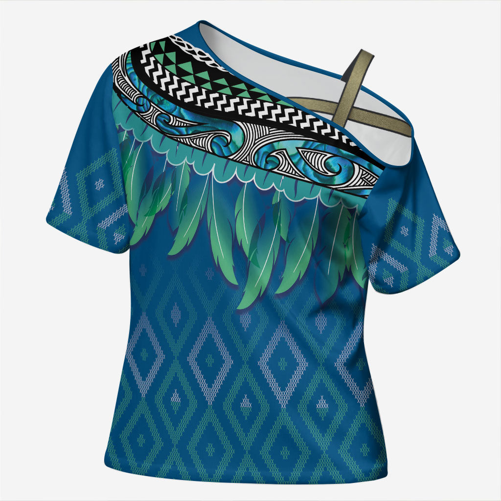 Aotearoa Maori Ngati Kahungunu Iwi Paua Blue Cross Shoulder Shirt Korowai Tukutuku Kaokao Motifs LT7 Female Green Blue - Polynesian Pride