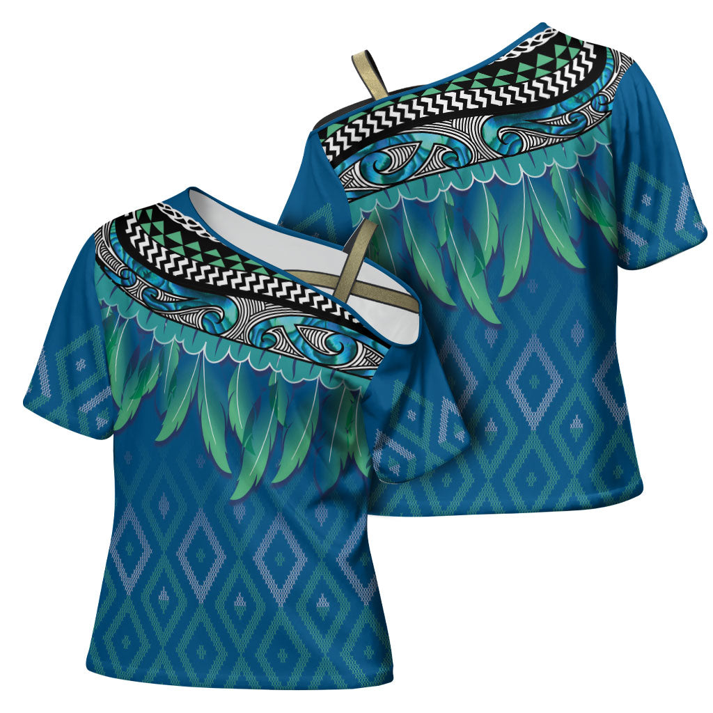 Aotearoa Maori Ngati Kahungunu Iwi Paua Blue Cross Shoulder Shirt Korowai Tukutuku Kaokao Motifs