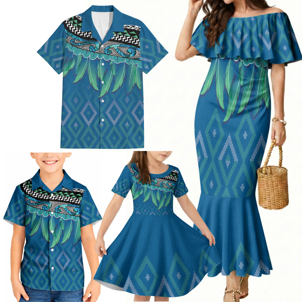 Aotearoa Maori Ngati Kahungunu Iwi Paua Blue Family Matching Mermaid Dress and Hawaiian Shirt Korowai Tukutuku Kaokao Motifs
