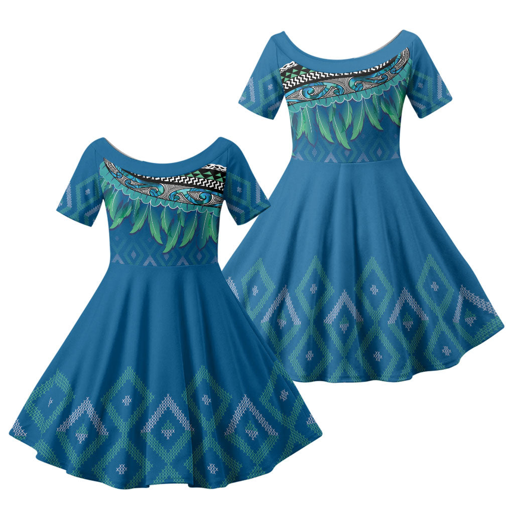 Aotearoa Maori Ngati Kahungunu Iwi Paua Blue Family Matching Mermaid Dress and Hawaiian Shirt Korowai Tukutuku Kaokao Motifs