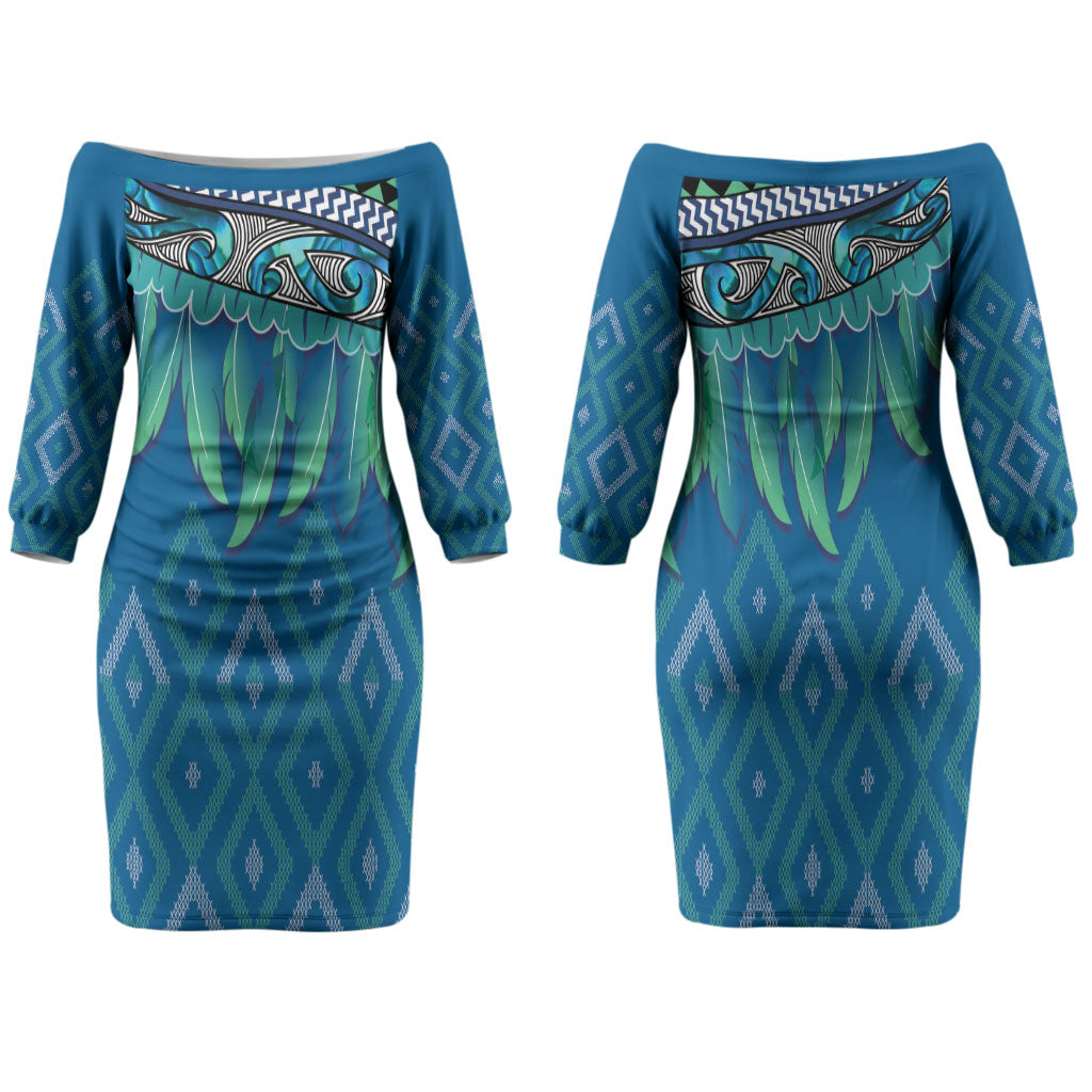 Aotearoa Maori Ngati Kahungunu Iwi Paua Blue Family Matching Off The Shoulder Long Sleeve Dress and Hawaiian Shirt Korowai Tukutuku Kaokao Motifs