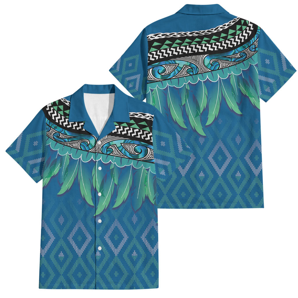 Aotearoa Maori Ngati Kahungunu Iwi Paua Blue Family Matching Off The Shoulder Long Sleeve Dress and Hawaiian Shirt Korowai Tukutuku Kaokao Motifs