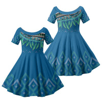 Aotearoa Maori Ngati Kahungunu Iwi Paua Blue Family Matching Off The Shoulder Long Sleeve Dress and Hawaiian Shirt Korowai Tukutuku Kaokao Motifs