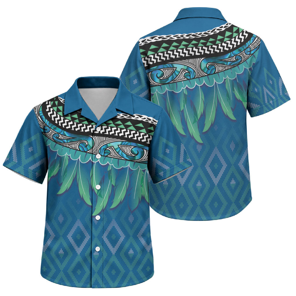 Aotearoa Maori Ngati Kahungunu Iwi Paua Blue Family Matching Off The Shoulder Long Sleeve Dress and Hawaiian Shirt Korowai Tukutuku Kaokao Motifs