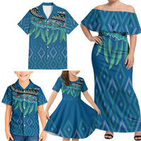 Aotearoa Maori Ngati Kahungunu Iwi Paua Blue Family Matching Off Shoulder Maxi Dress and Hawaiian Shirt Korowai Tukutuku Kaokao Motifs