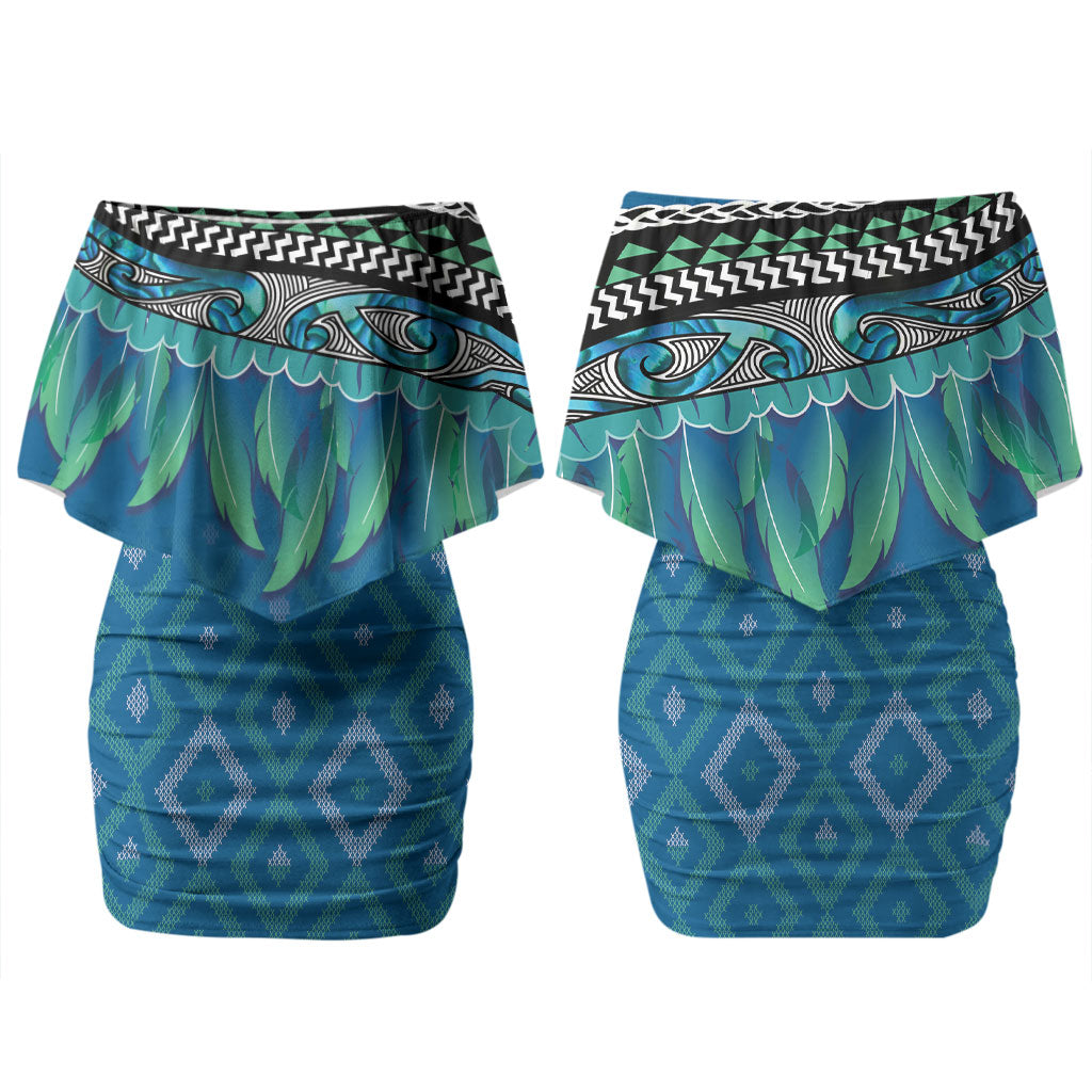 Aotearoa Maori Ngati Kahungunu Iwi Paua Blue Family Matching Off Shoulder Short Dress and Hawaiian Shirt Korowai Tukutuku Kaokao Motifs