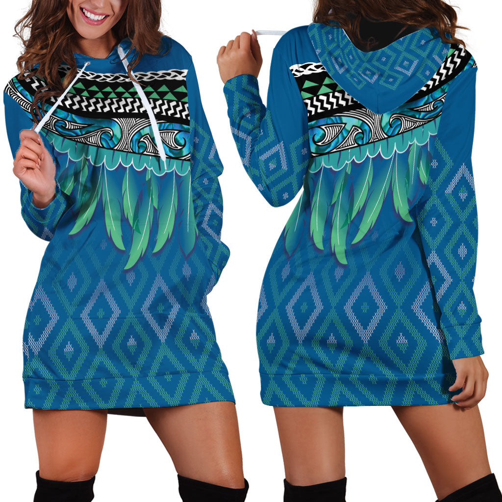 Aotearoa Maori Ngati Kahungunu Iwi Paua Blue Hoodie Dress Korowai Tukutuku Kaokao Motifs