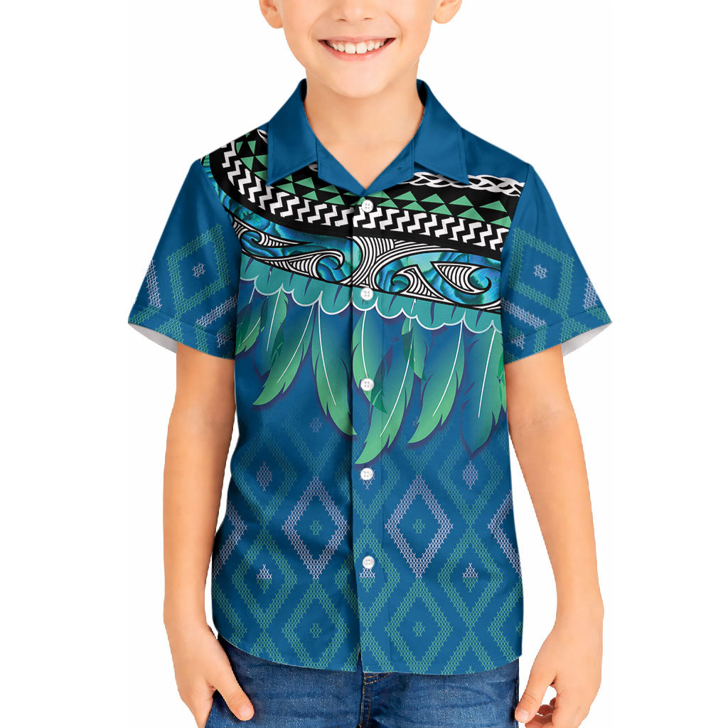 Aotearoa Maori Ngati Kahungunu Iwi Paua Blue Kid Hawaiian Shirt Korowai Tukutuku Kaokao Motifs LT7 Kid Green Blue - Polynesian Pride