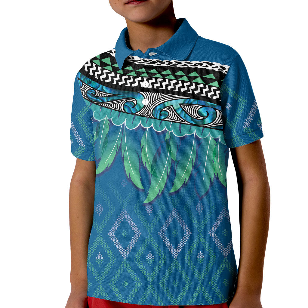 Aotearoa Maori Ngati Kahungunu Iwi Paua Blue Kid Polo Shirt Korowai Tukutuku Kaokao Motifs LT7 Kid Green Blue - Polynesian Pride