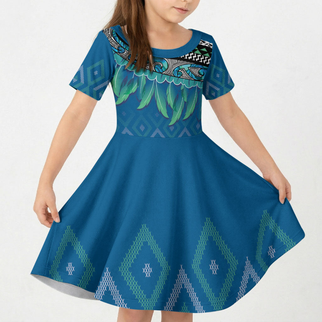Aotearoa Maori Ngati Kahungunu Iwi Paua Blue Kid Short Sleeve Dress Korowai Tukutuku Kaokao Motifs LT7 KID Green Blue - Polynesian Pride
