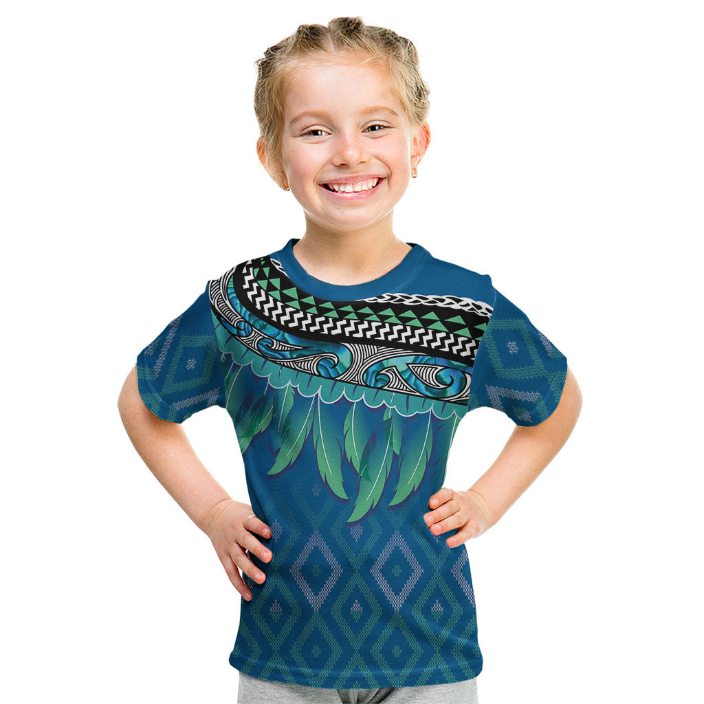 Aotearoa Maori Ngati Kahungunu Iwi Paua Blue Kid T Shirt Korowai Tukutuku Kaokao Motifs LT7 Green Blue - Polynesian Pride