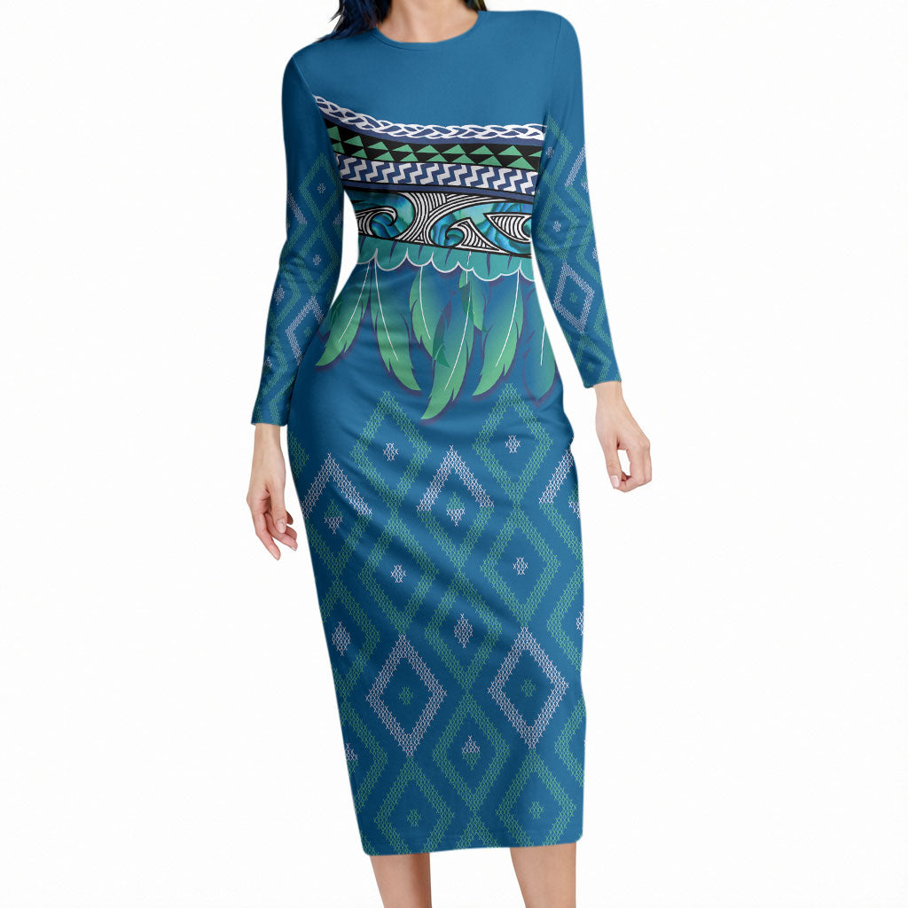 Aotearoa Maori Ngati Kahungunu Iwi Paua Blue Long Sleeve Bodycon Dress Korowai Tukutuku Kaokao Motifs