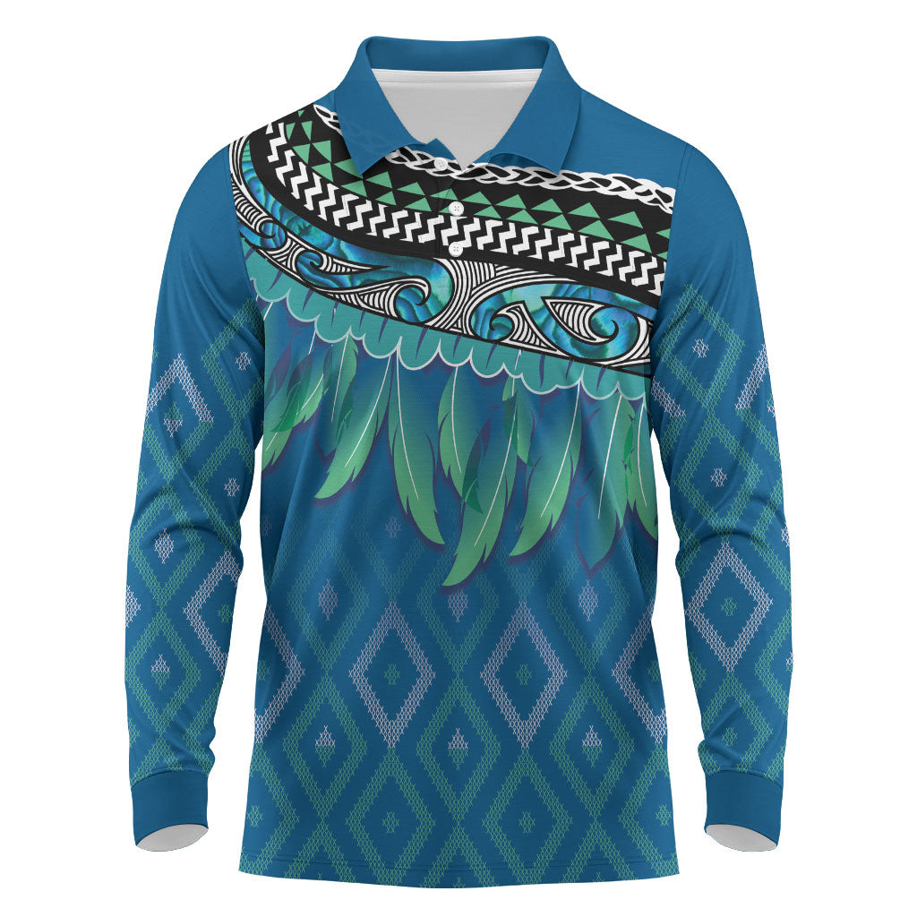 Aotearoa Maori Ngati Kahungunu Iwi Paua Blue Long Sleeve Polo Shirt Korowai Tukutuku Kaokao Motifs
