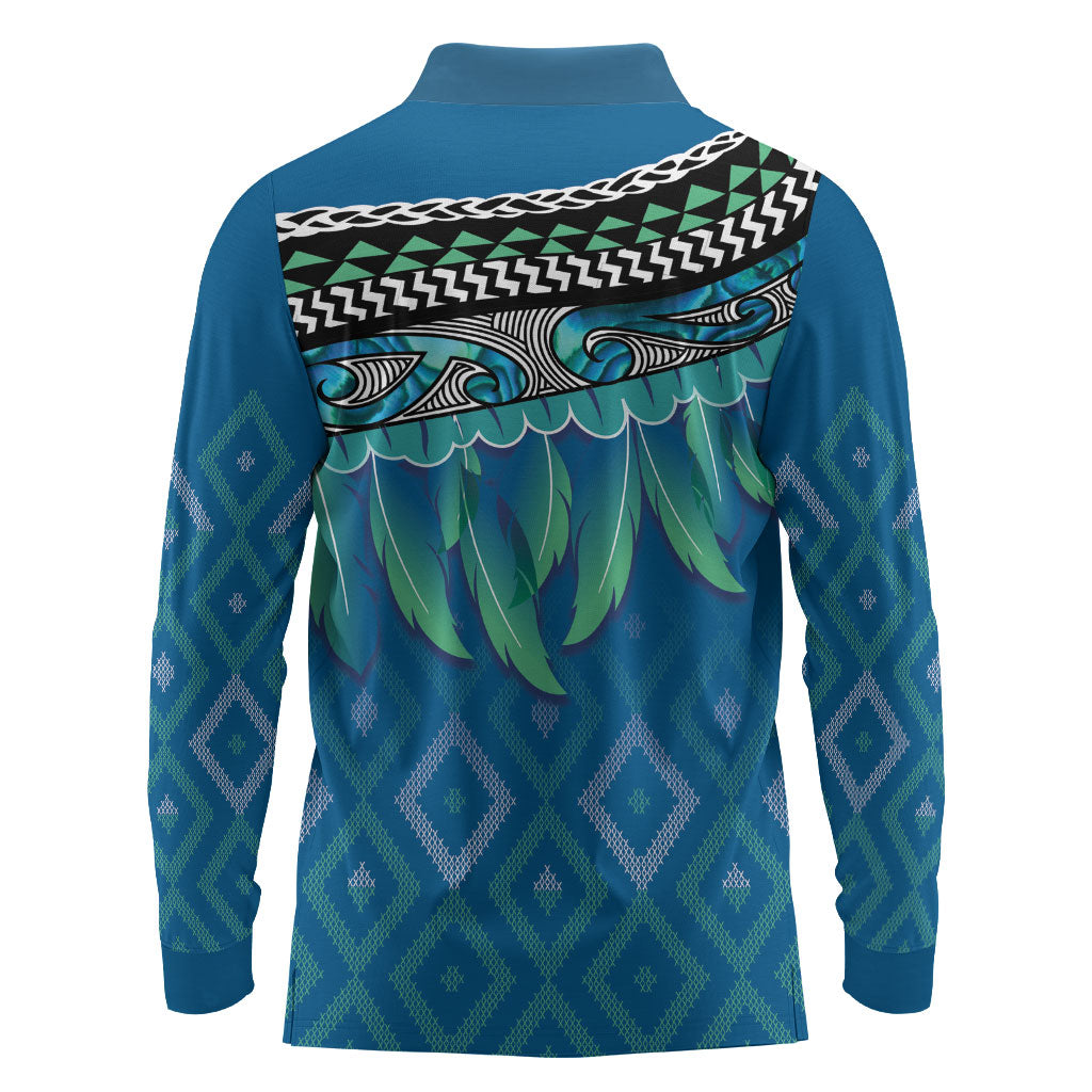 Aotearoa Maori Ngati Kahungunu Iwi Paua Blue Long Sleeve Polo Shirt Korowai Tukutuku Kaokao Motifs