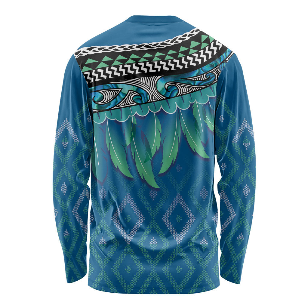 Aotearoa Maori Ngati Kahungunu Iwi Paua Blue Long Sleeve Shirt Korowai Tukutuku Kaokao Motifs