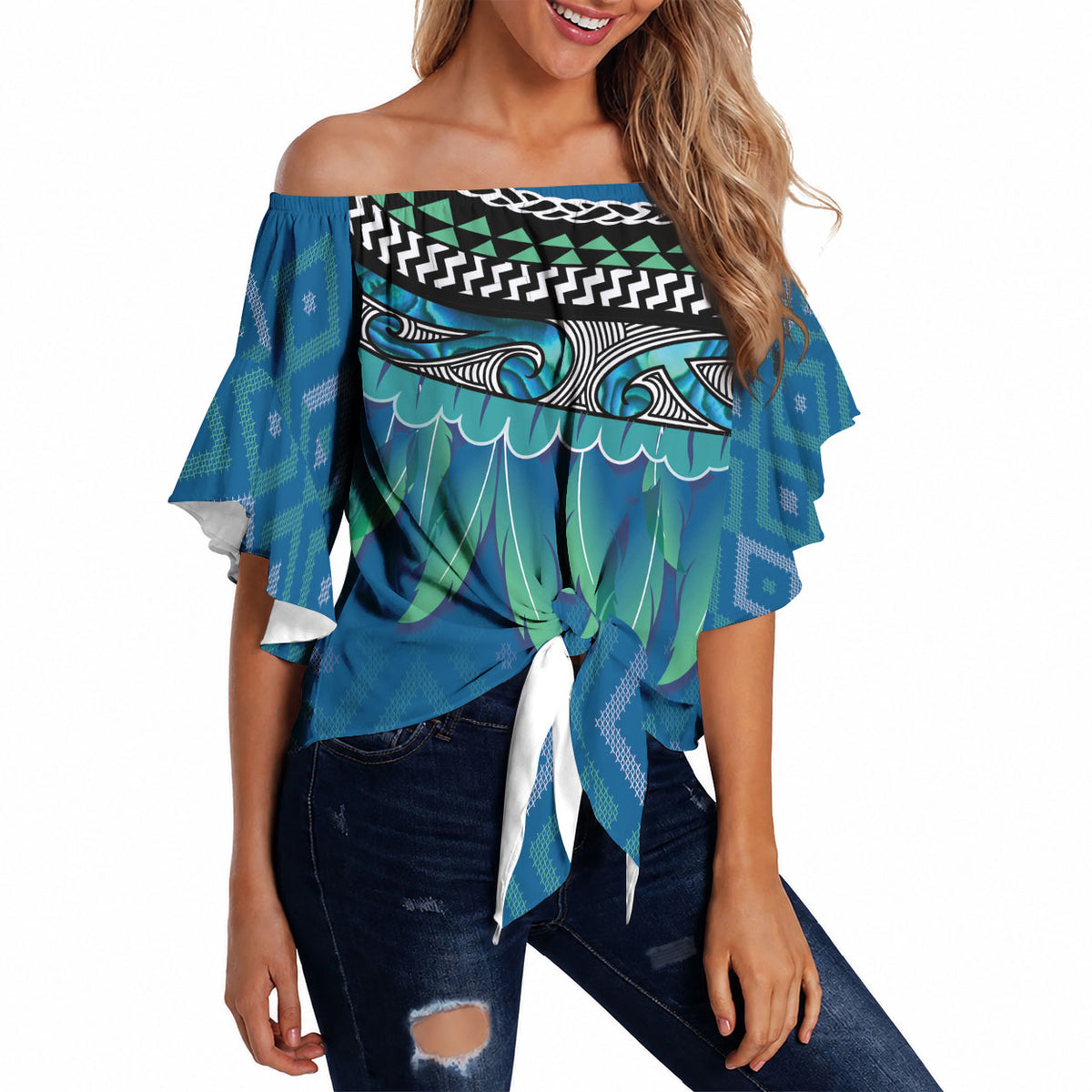 Aotearoa Maori Ngati Kahungunu Iwi Paua Blue Off Shoulder Wrap Waist Top Korowai Tukutuku Kaokao Motifs