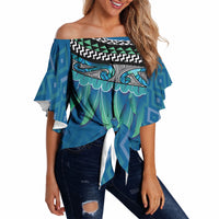 Aotearoa Maori Ngati Kahungunu Iwi Paua Blue Off Shoulder Wrap Waist Top Korowai Tukutuku Kaokao Motifs