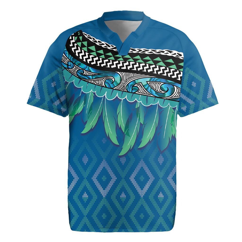 Aotearoa Maori Ngati Kahungunu Iwi Paua Blue Rugby Jersey Korowai Tukutuku Kaokao Motifs