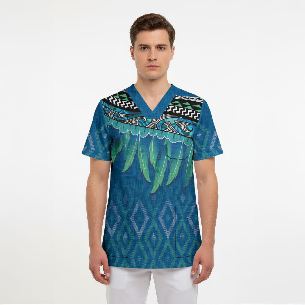 Aotearoa Maori Ngati Kahungunu Iwi Paua Blue Scrub Top Korowai Tukutuku Kaokao Motifs