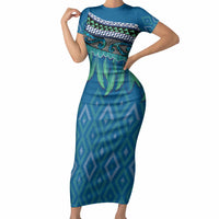 Aotearoa Maori Ngati Kahungunu Iwi Paua Blue Short Sleeve Bodycon Dress Korowai Tukutuku Kaokao Motifs