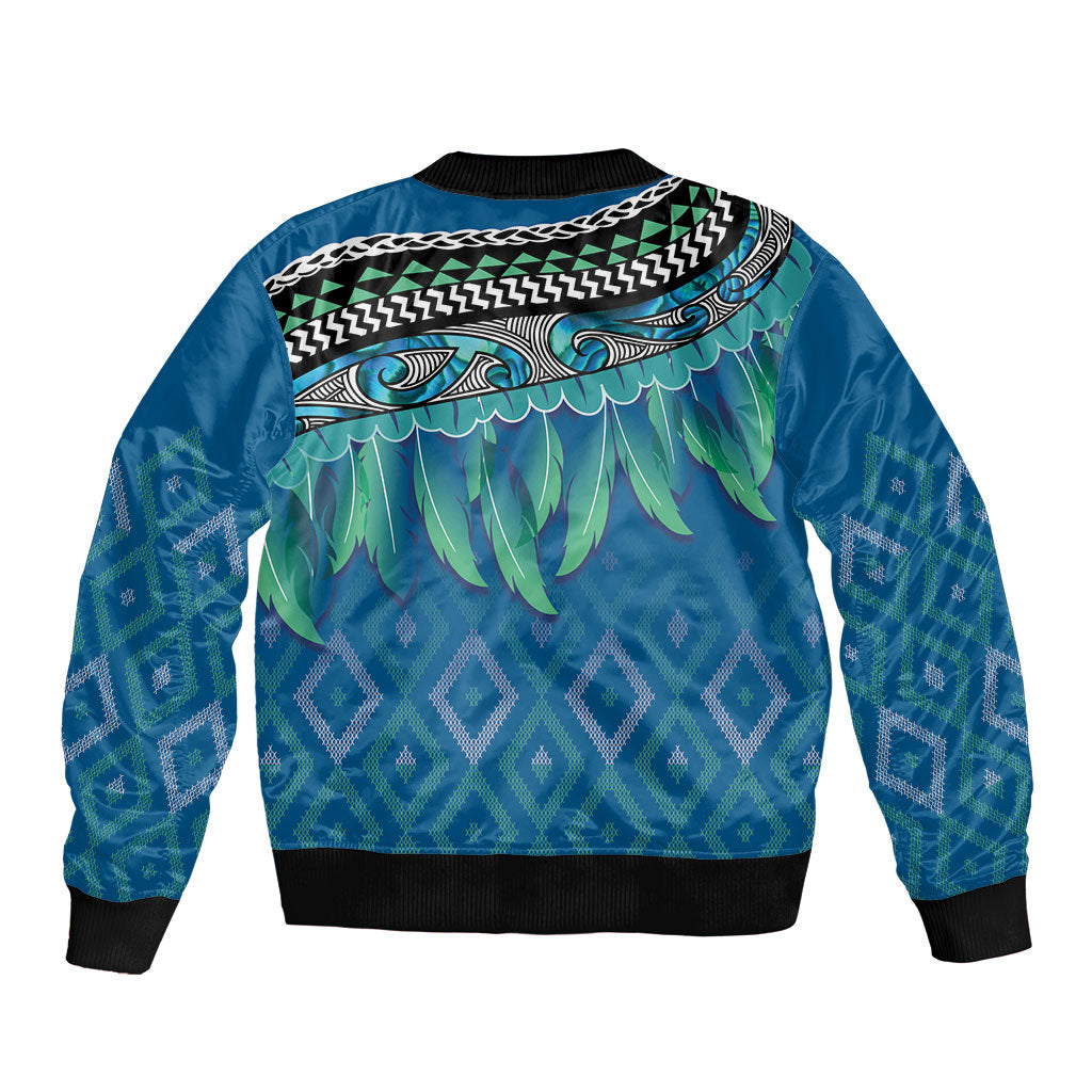 Aotearoa Maori Ngati Kahungunu Iwi Paua Blue Sleeve Zip Bomber Jacket Korowai Tukutuku Kaokao Motifs