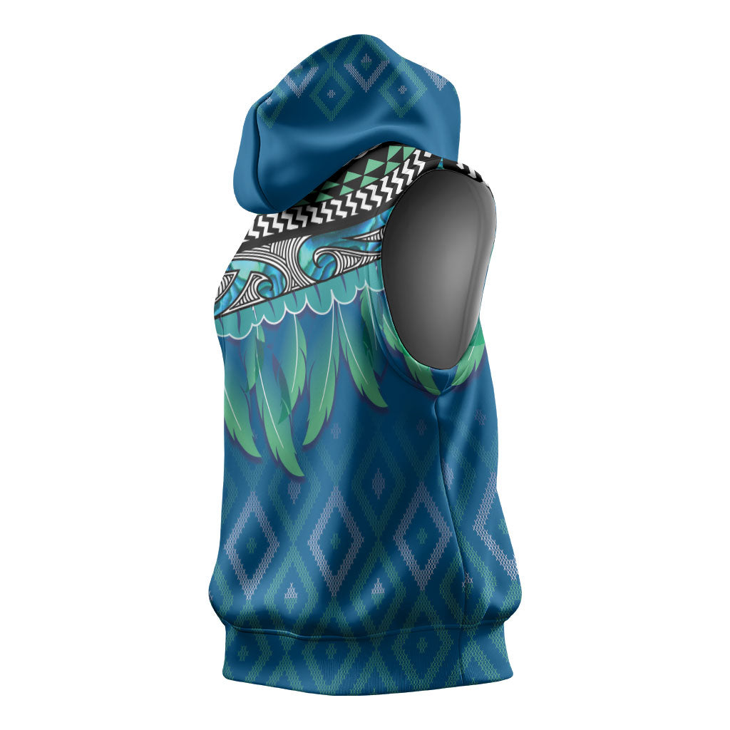 Aotearoa Maori Ngati Kahungunu Iwi Paua Blue Sleeveless Hoodie Korowai Tukutuku Kaokao Motifs