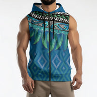 Aotearoa Maori Ngati Kahungunu Iwi Paua Blue Sleeveless Zip Hoodie Korowai Tukutuku Kaokao Motifs