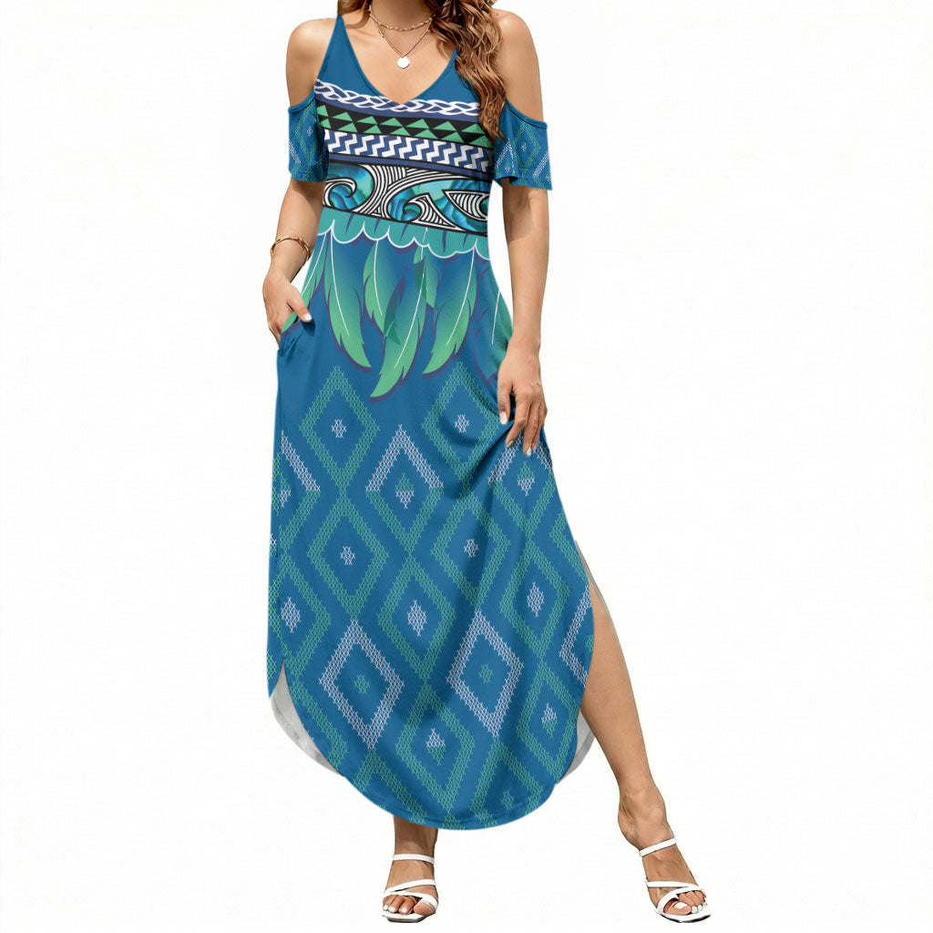 Aotearoa Maori Ngati Kahungunu Iwi Paua Blue Summer Maxi Dress Korowai Tukutuku Kaokao Motifs