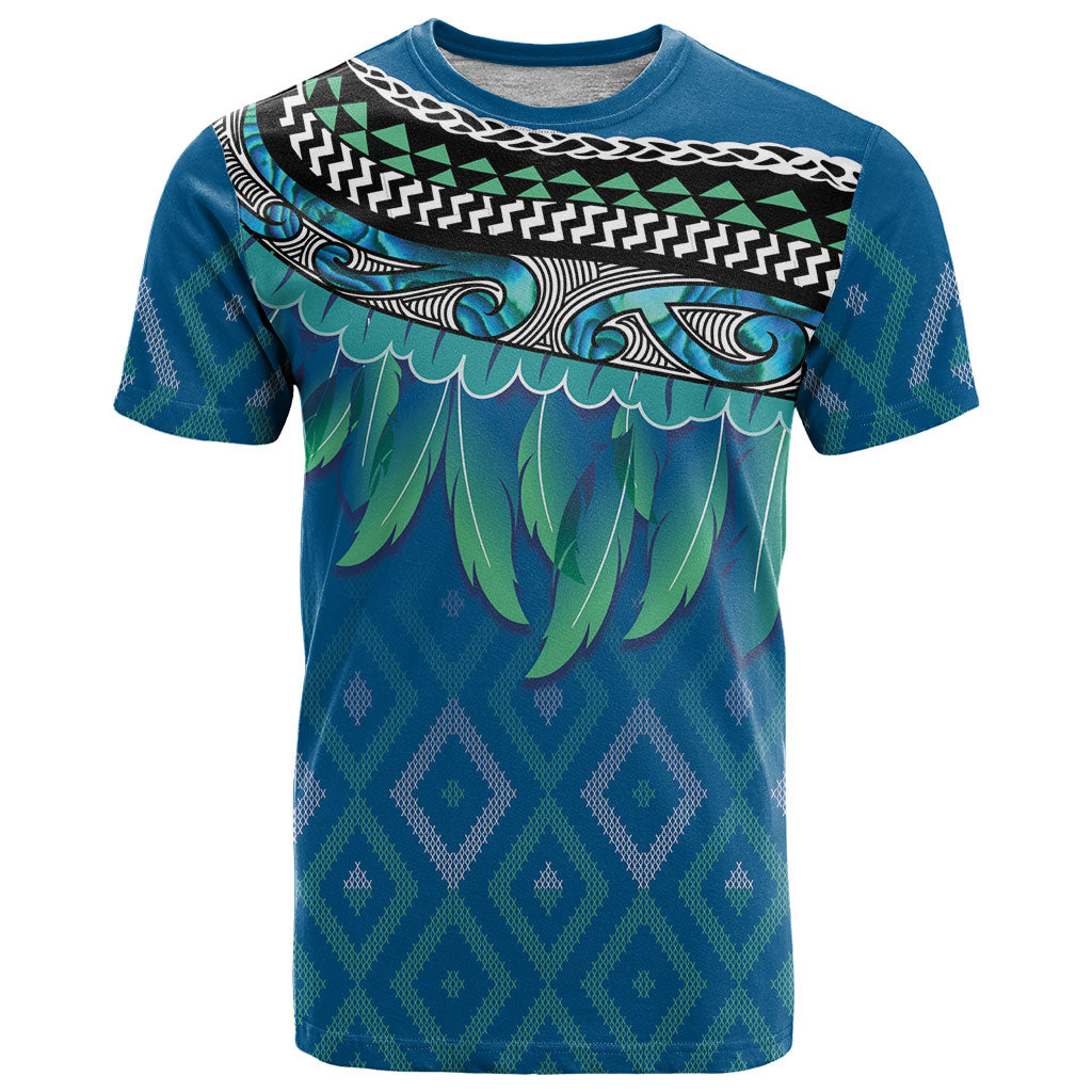 Aotearoa Maori Ngati Kahungunu Iwi Paua Blue T Shirt Korowai Tukutuku Kaokao Motifs