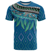 Aotearoa Maori Ngati Kahungunu Iwi Paua Blue T Shirt Korowai Tukutuku Kaokao Motifs