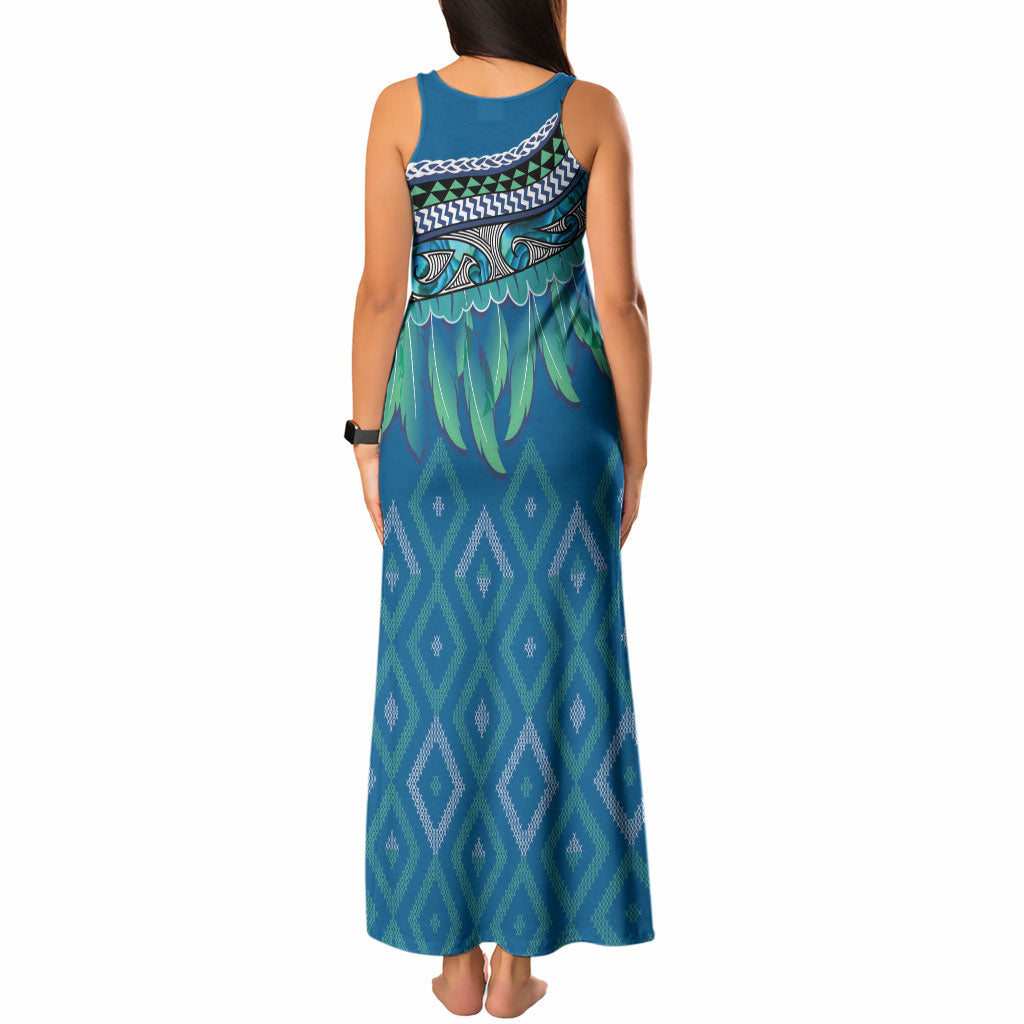 Aotearoa Maori Ngati Kahungunu Iwi Paua Blue Tank Maxi Dress Korowai Tukutuku Kaokao Motifs
