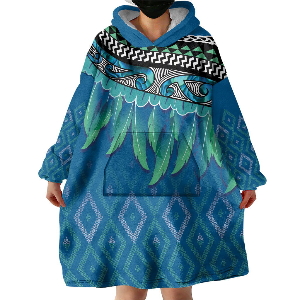 Aotearoa Maori Ngati Kahungunu Iwi Paua Blue Wearable Blanket Hoodie Korowai Tukutuku Kaokao Motifs