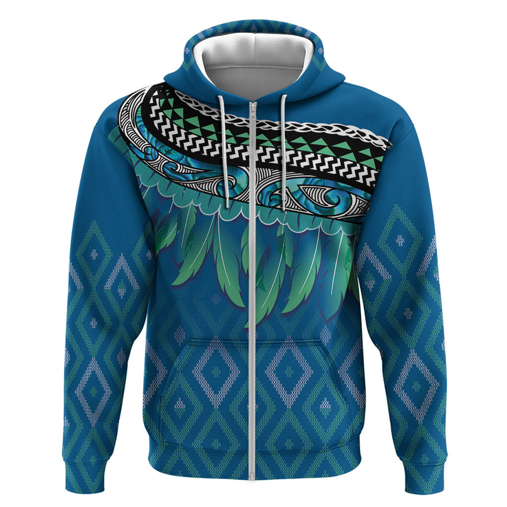 Aotearoa Maori Ngati Kahungunu Iwi Paua Blue Zip Hoodie Korowai Tukutuku Kaokao Motifs