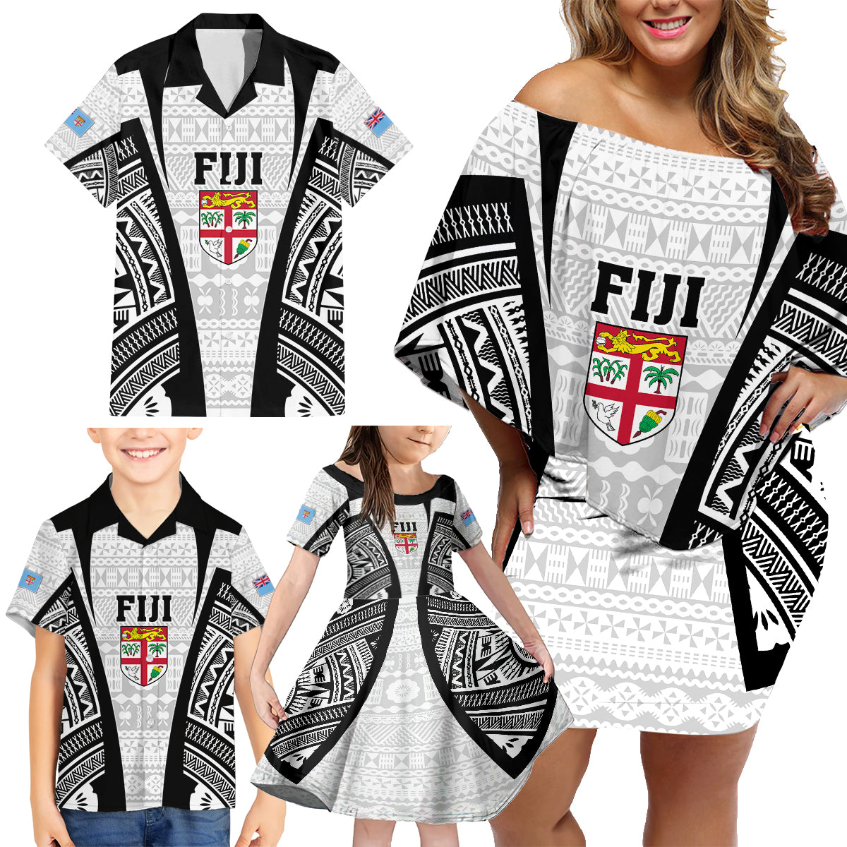 personalised-fiji-rugby-family-matching-off-shoulder-short-dress-and-hawaiian-shirt-2023-world-cup-history-makers-white-ver