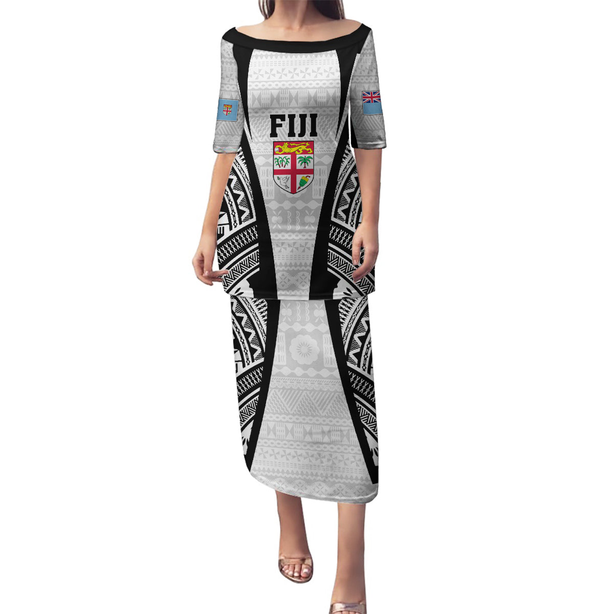 Personalised Fiji Rugby Family Matching Puletasi Dress and Hawaiian Shirt 2023 World Cup History Makers - White Ver LT7 Mom's Dress White - Polynesian Pride