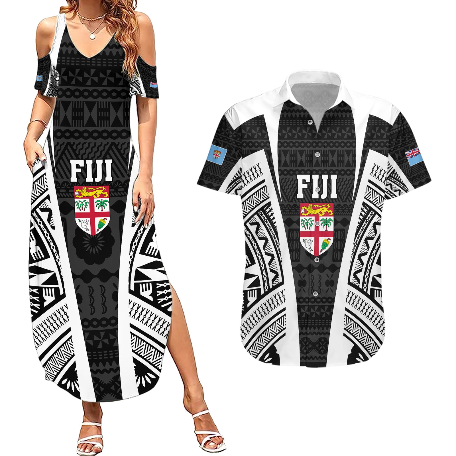 personalised-fiji-rugby-couples-matching-summer-maxi-dress-and-hawaiian-shirt-2023-world-cup-history-makers-black-ver