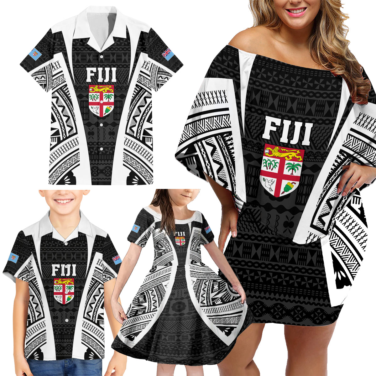 personalised-fiji-rugby-family-matching-off-shoulder-short-dress-and-hawaiian-shirt-2023-world-cup-history-makers-black-ver