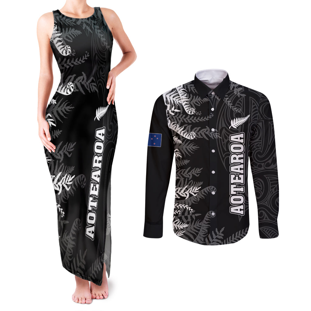 Personalised New Zealand Rugby Couples Matching Tank Maxi Dress and Long Sleeve Button Shirts Silver Fern Basic 2023 World Cup LT7 Black - Polynesian Pride