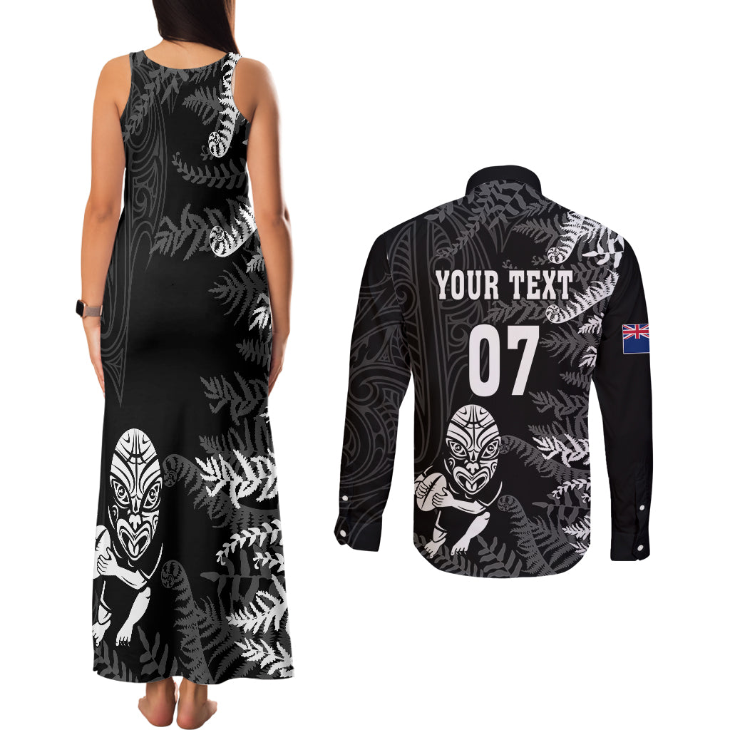 Personalised New Zealand Rugby Couples Matching Tank Maxi Dress and Long Sleeve Button Shirts Silver Fern Basic 2023 World Cup LT7 - Polynesian Pride