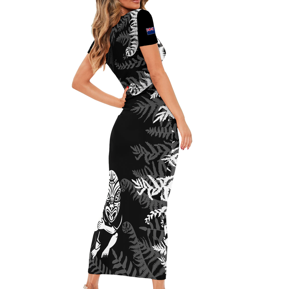 personalised-new-zealand-rugby-family-matching-short-sleeve-bodycon-dress-and-hawaiian-shirt-silver-fern-basic-2023-world-cup