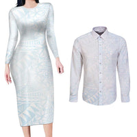 White Sunday Couples Matching Long Sleeve Bodycon Dress and Long Sleeve Button Shirt Plumeria Tatau Mix Tapa LT7 White - Polynesian Pride