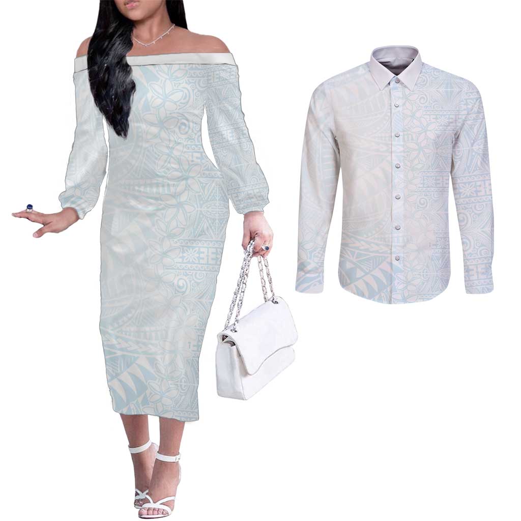 White Sunday Couples Matching Off The Shoulder Long Sleeve Dress and Long Sleeve Button Shirt Plumeria Tatau Mix Tapa LT7 White - Polynesian Pride