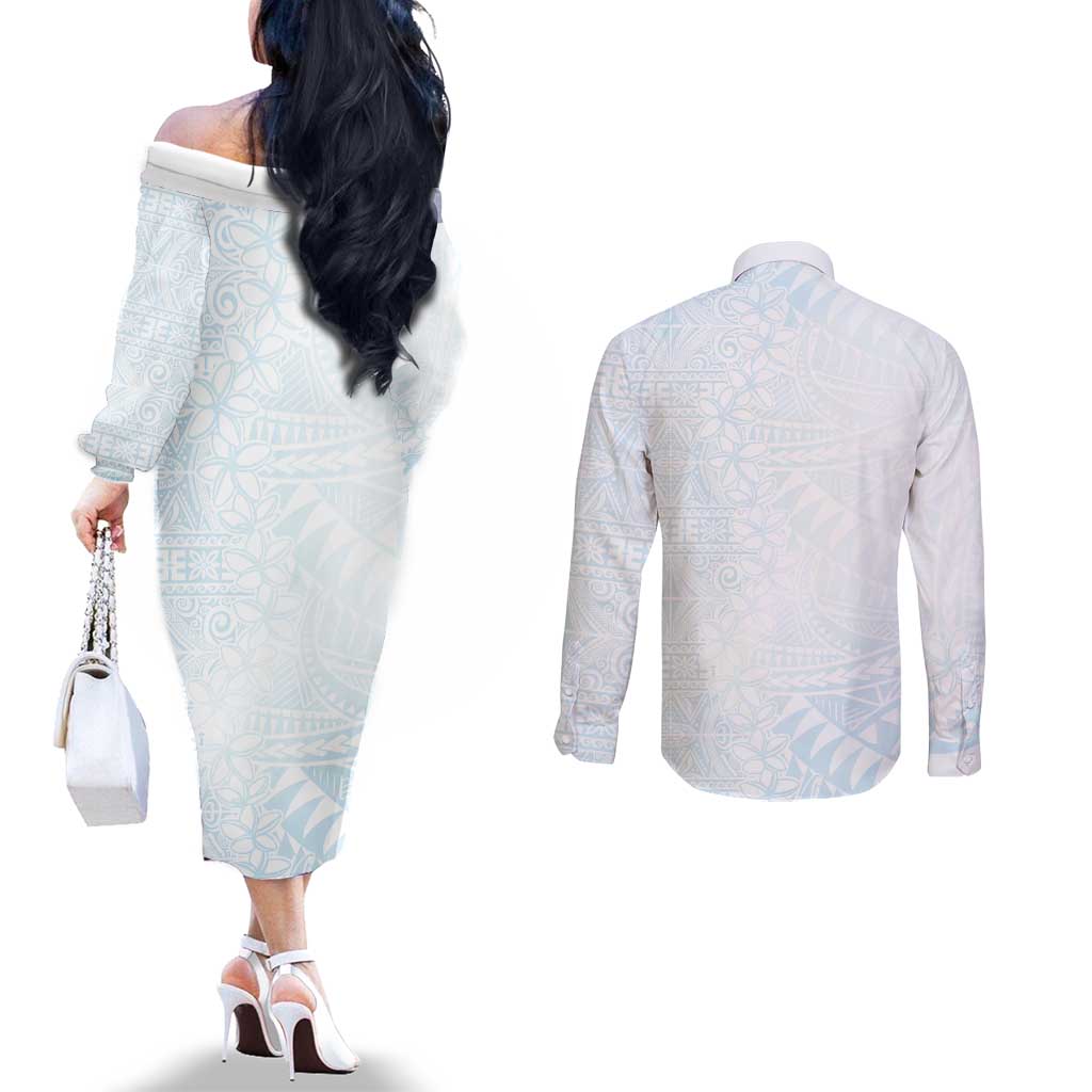White Sunday Couples Matching Off The Shoulder Long Sleeve Dress and Long Sleeve Button Shirt Plumeria Tatau Mix Tapa LT7 - Polynesian Pride