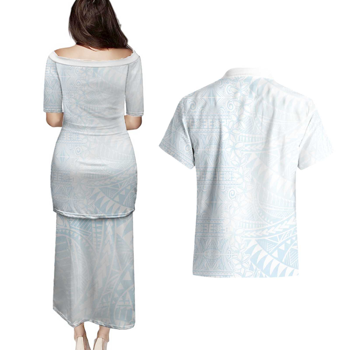 White Sunday Couples Matching Puletasi and Hawaiian Shirt Plumeria Tatau Mix Tapa