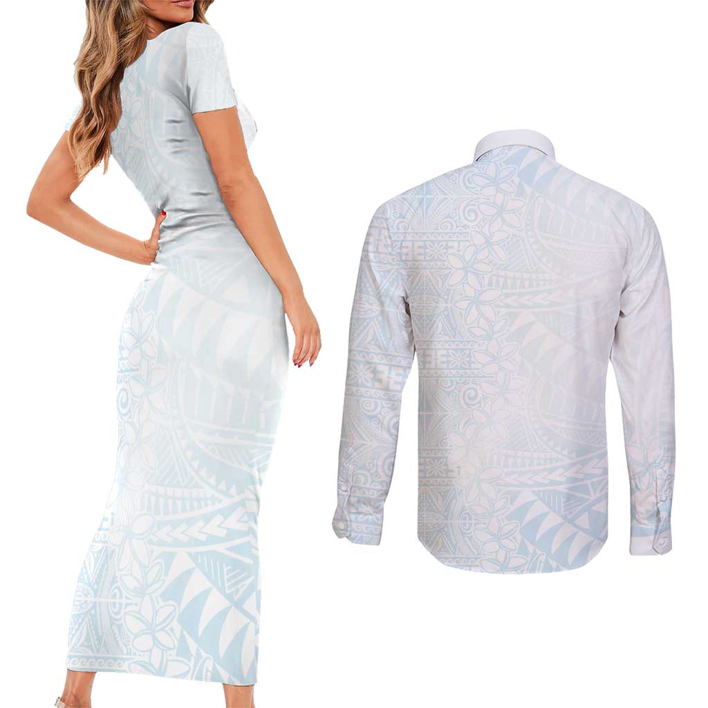 White Sunday Couples Matching Short Sleeve Bodycon Dress and Long Sleeve Button Shirt Plumeria Tatau Mix Tapa LT7 - Polynesian Pride