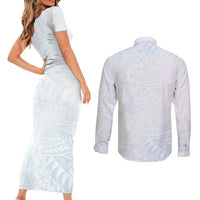 White Sunday Couples Matching Short Sleeve Bodycon Dress and Long Sleeve Button Shirt Plumeria Tatau Mix Tapa LT7 - Polynesian Pride