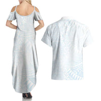White Sunday Couples Matching Summer Maxi Dress and Hawaiian Shirt Plumeria Tatau Mix Tapa LT7 - Polynesian Pride