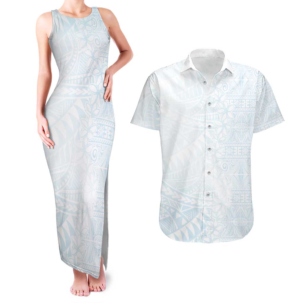 White Sunday Couples Matching Tank Maxi Dress and Hawaiian Shirt Plumeria Tatau Mix Tapa LT7 White - Polynesian Pride