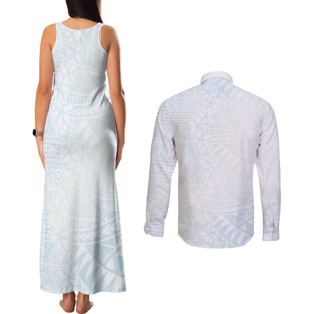 White Sunday Couples Matching Tank Maxi Dress and Long Sleeve Button Shirt Plumeria Tatau Mix Tapa
