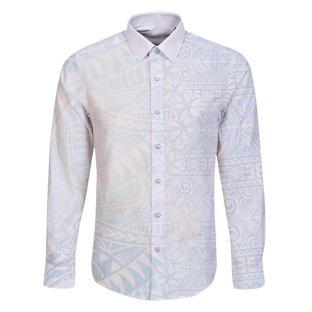 White Sunday Family Matching Mermaid Dress and Hawaiian Shirt Plumeria Tatau Mix Tapa LT7 Dad's Shirt - Long Sleeve White - Polynesian Pride